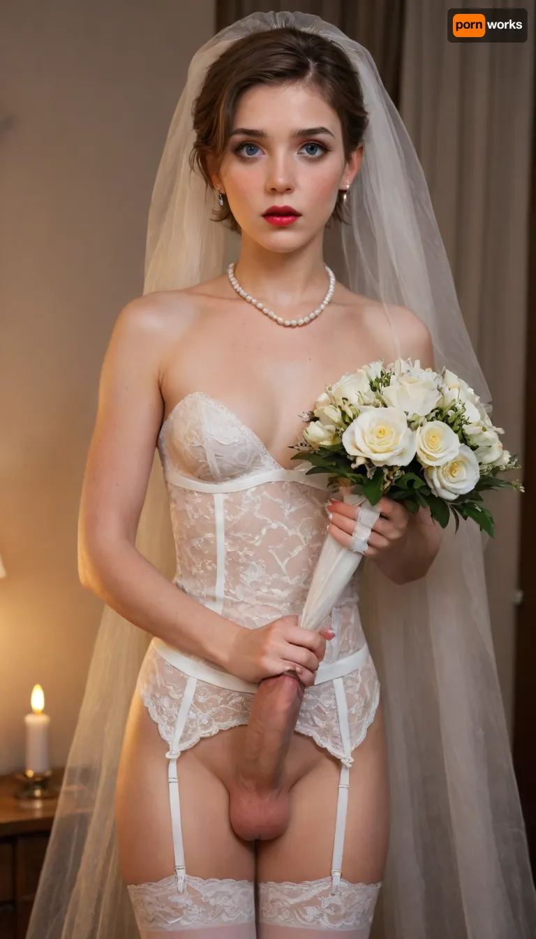1 femboy, Caucasian, sissy, feminine, feminized, pixie haircut, brown hair, short hair, wedding lingerie, white garter belt, wedding night, no chest, no breasts, white slutty panties, scared, embarrassed, after anal sex, white wedding veil, white weddingdress, pearl necklace, heavy eye makeup, red lips, blush, big eyelashes, shame, medium cock, holding bouquet of flowers, candles, flower petals, perfect cutie face, crying, night time, Object, gd, sex, toy, medium, erect-femboy, erect-penis, testicles, erection, (negative_v2, Color_Balance_Calibration:.8), blue, hair, green, eyes, gradient, flat, chested, <lora:xpenis-1.5e:.5>, <lora:Penis_XL:.5>, <lora:SDXLlora13ErFut:1>, <lora:akane:.5>, <lora:flat_chested_v3.5:2>