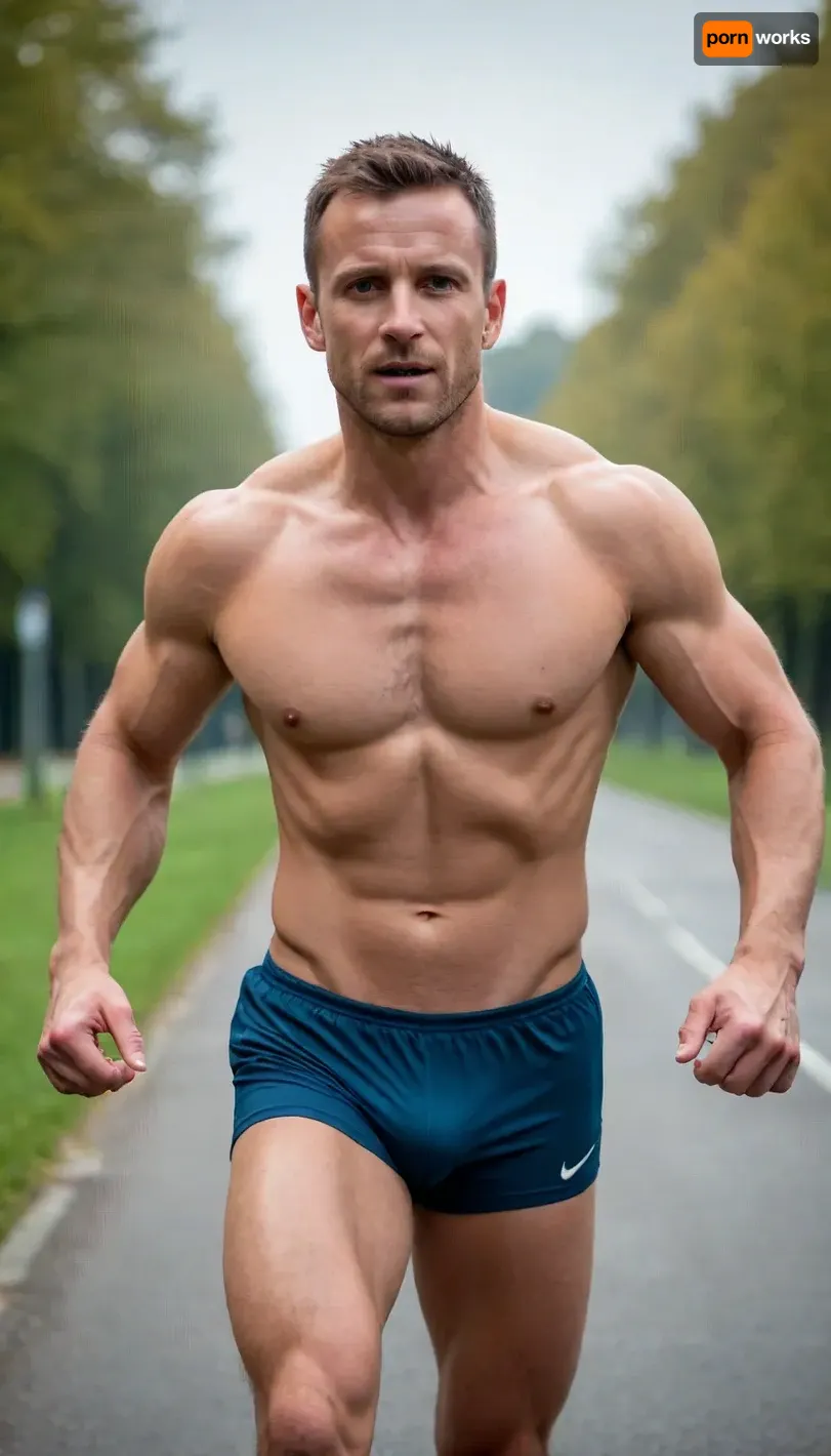 foto, nackter mann 38 jahre alt, leichtathlet, hochspringer, nackt, spingt über die latte, trainierter körper, muskeln, schwand 30 cam lang, deutlich sichtbar und hart, riesiger harter schwanz, in der luft, im flug