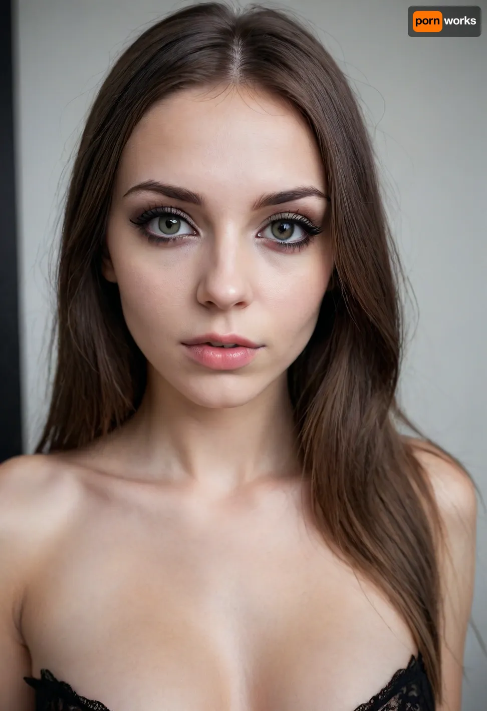 Passport photo, skinny girl, russian girl, beautiful face, round breasts, long hairs, naked, eyeliner, slightly belly stomach, emo, makeup, goth, curvy, white background, highest quality, detailed skin texture, detailed photo, 4K