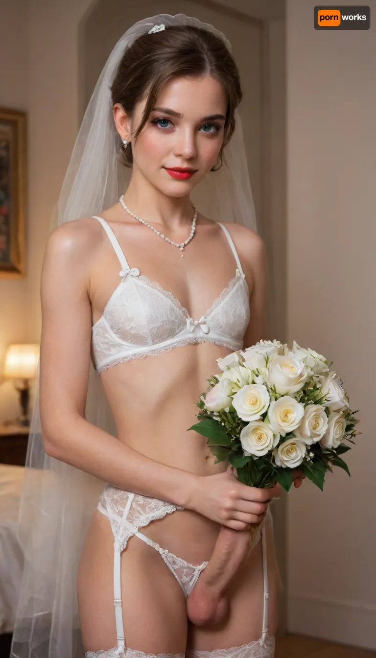 1 femboy, Caucasian, sissy, feminine, feminized, pixie haircut, brown hair, short hair, wedding lingerie, white garter belt, wedding night, no chest, no breasts, white slutty panties, flirty smile, white wedding veil, white weddingdress, pearl necklace, heavy eye makeup, red lips, blush, big eyelashes, shame, medium cock, holding bouquet of flowers, candles, flower petals, perfect cutie face, night time, Object, gd, sex, toy, medium, erect-femboy, erect-penis, testicles, erection, (negative_v2, Color_Balance_Calibration:.8), blue, hair, green, eyes, gradient, flat, chested, <lora:xpenis-1.5e:.5>, <lora:Penis_XL:.5>, <lora:SDXLlora13ErFut:1>, <lora:akane:.5>, <lora:flat_chested_v3.5:2>