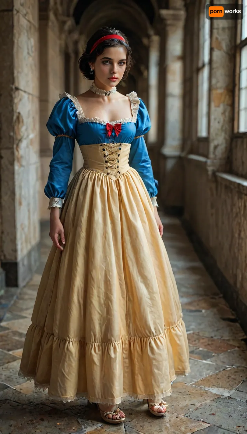 8k, score_9, score_8_up, score_7_up, FILM PHOTOGRAPHY STYLE, cinematic photography of a woman, professional portrait photo realism, snow white from disney, black hair, black bob hairstyle, brown eyes, headband with a red bow, dress consisting of a dark blue bodice with a blue vertical line in the middle and a deep neckline, blue puffy sleeves with three red teardrop patterns on the sides and gold brims, a high white collar and a long light yellow skirt she wears a white petticoat under her dress, and on her legs and feet she wears sienna tights and ocher shoes with yellow bows on the toes, full body view, <lora:detailed_notrigger:2>, <lora:add-detail-xl:.8>, <lora:LCMTurboMix_Euler_A_fix:.8>, <lora:style_lora_realis:.8>