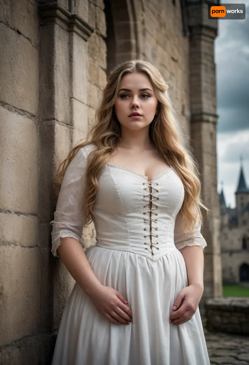 A plump, beautiful woman with a round face and long, light hair down to her waist stands in a white Gothic dress at the wall of a medieval castle, gloomy atmosphere, clouds., <lora:Chubby BBW - XL:.7>