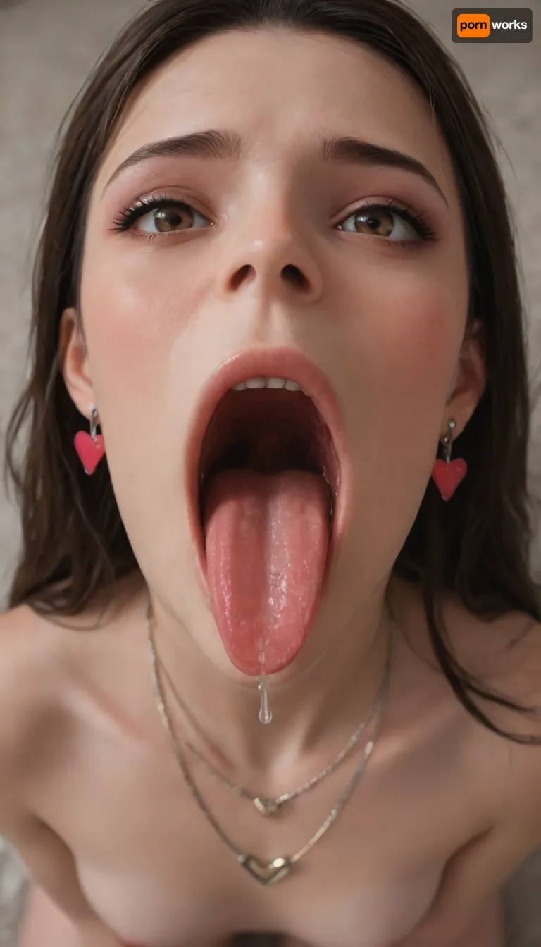 A realistic porn scene, (above viewer view:1.7), 4k, arched back, (moist liquid covered lips and tongue:1.8), (on her knees:1.7), (on her knees), perfect skin, skinny girl, (nude:1.7), realistic, high res, brunette, brown eyes, highly detailed face, (long hair middlepart hairstyle), (thin_lips makeup), natural light, skinny body, 18 years old, (wearing heart necklace:1.7), (wearing heart earrings:1.7), detailed mouth, hands on boobs, (look up at viewer:1.7), (close view:1.7), (pov:1.7), (open mouth:1.7), (screaming:1.7), (liking:1.7), (tongue out:1.7), (chin up:1.7), (look at viewer:1.7), (look at boy:1.7), (tongue dripping moist:1.7), (virtual:1.7)