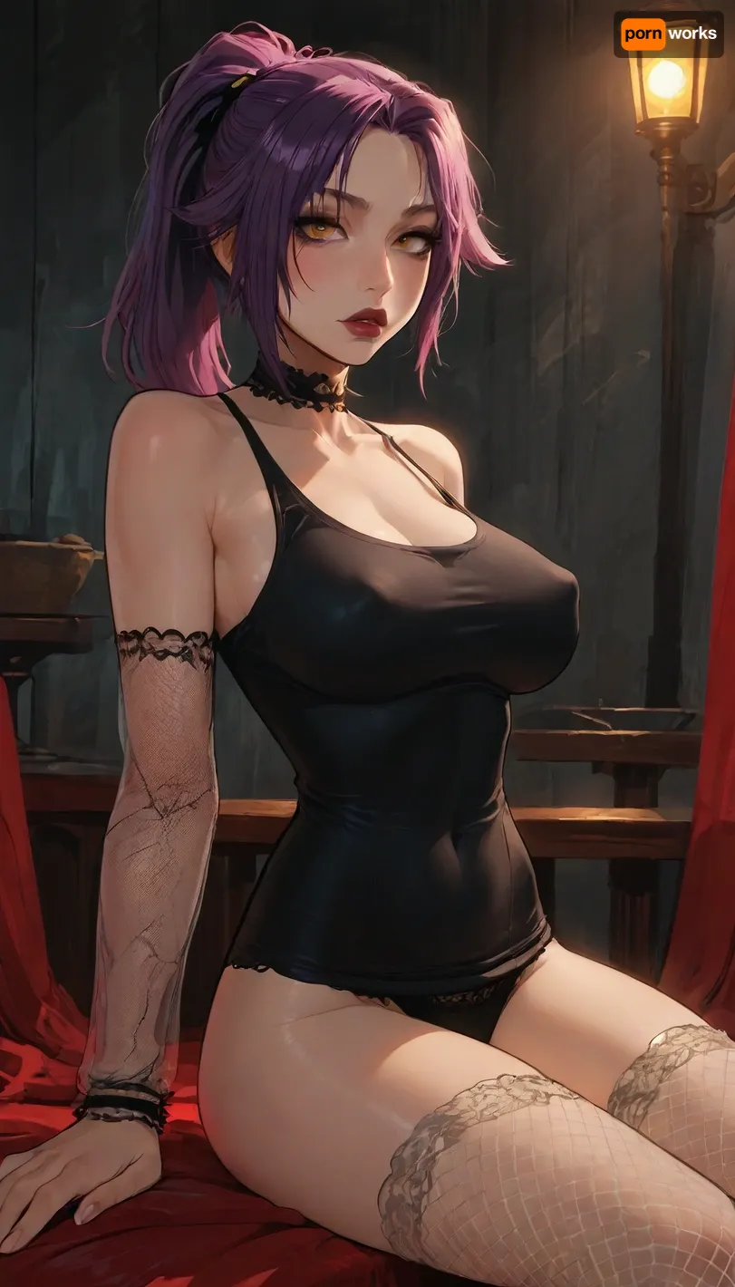 ((Incase mix reiq style)), style, masterpiece, ((yoruichi shihounin)), dark skin, sitting, (dynamic pose:1.2), ((massive breasts)), fishnet leggings, fishnet sleeves, black tank top, lace choker, high waist panties, (artificial light), dynamic lighting, dark room, at night, big lips, black lipstick, (swollen nipples), (big lips:1), midriff, detailed abdominal muscles, (covered nipples:1.2), (under boob:1), raised nipples, (huge giant tits:1), (thick thighs), soft nipples, breasts bursting out, (leaning back:1.3), arched back ratatatat74, jtcstyle, SamDoesArts, <lora:LCMTurboMix_Euler_A_fix:.6>, <lora:ratatatat74-000050:1.1>, <lora:mk_Bp Anime_xl:1>, <lora:加藤彩style:1.8>, <lora:SDXLSamDoesArts:1.7>