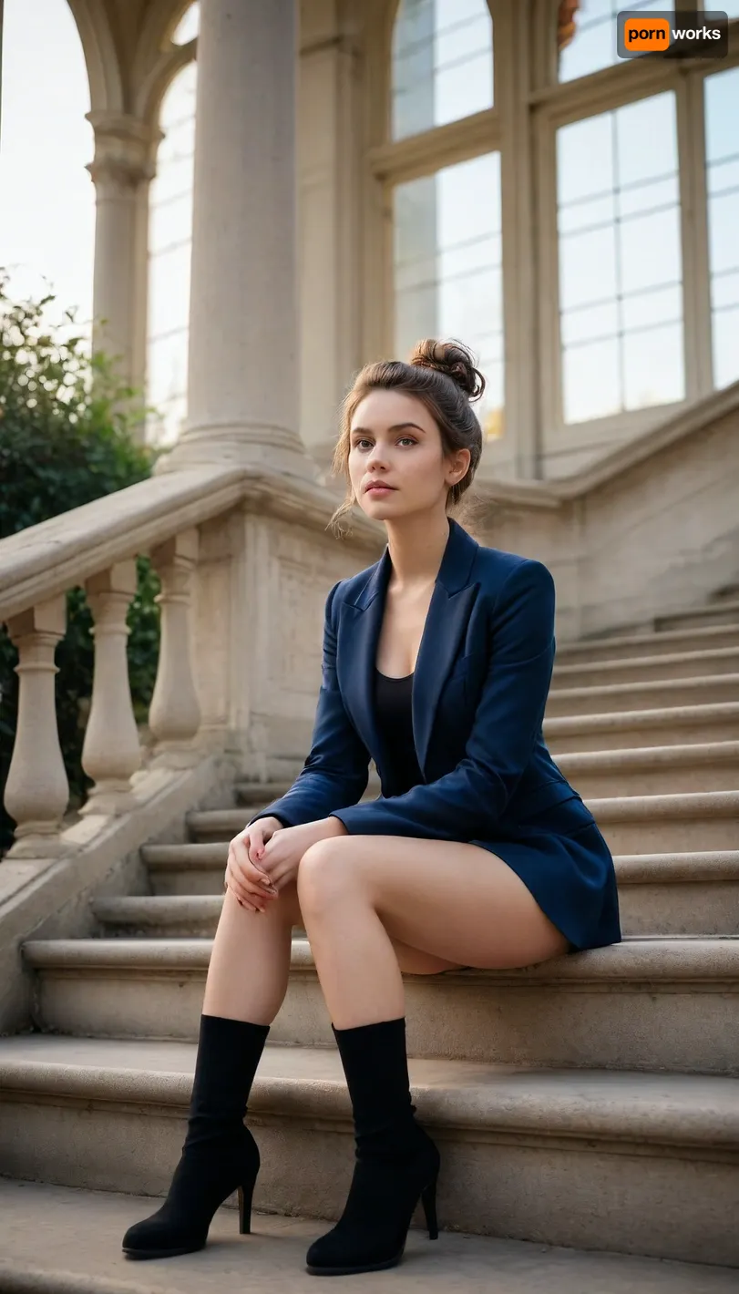 young brunette music student, slender build, in a simple short black knit dress and an oversized navy blazer, sitting on the grand marble staircase of a conservatory at golden hour. Tired but inspired face, deep blue eyes glistening with emotion, violin chin mark on neck, messy elegant bun with escaping curls. Holding a violin case and a to-go coffee cup, wearing combat boots. Leaning back on the steps with eyes closed, basking in the light. Atmosphere of artistic exhaustion and beauty. Full body shot, dramatic chiaroscuro lighting, highly detailed, cinematic.
