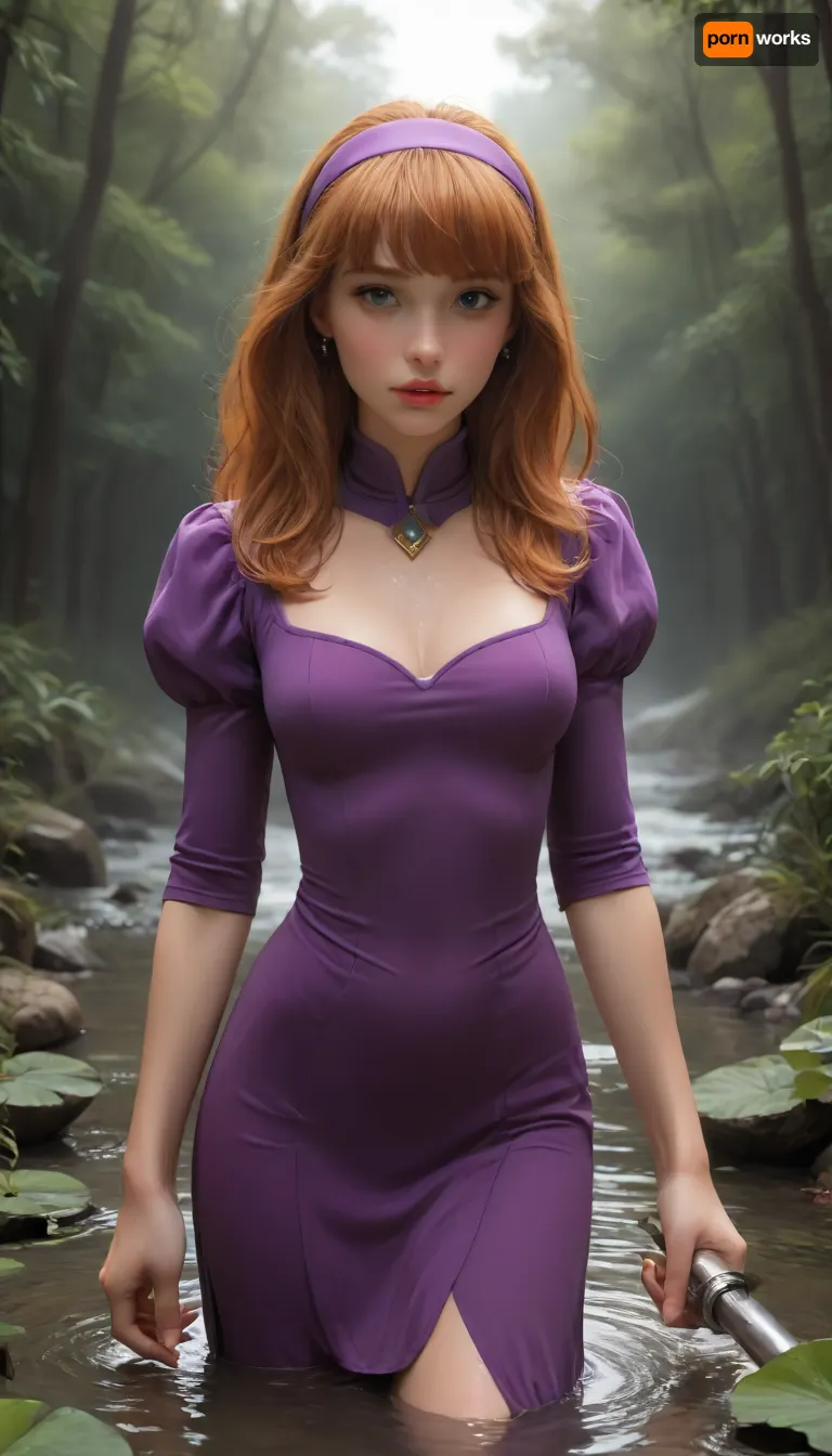 masterpiece, best quality, high resolution, hires, score_9, score_8_up, score_7_up, score_6_up, (Daphne Blake:1.4), skimpy purple short dress, long straght hair, purple headband, Standing in a swamp holding a flashlight, ratatatat74, incase style, fantasy, woman, cum, on, face, <lora:ratatatat74-000050:1.3>, <lora:JustCum:2>