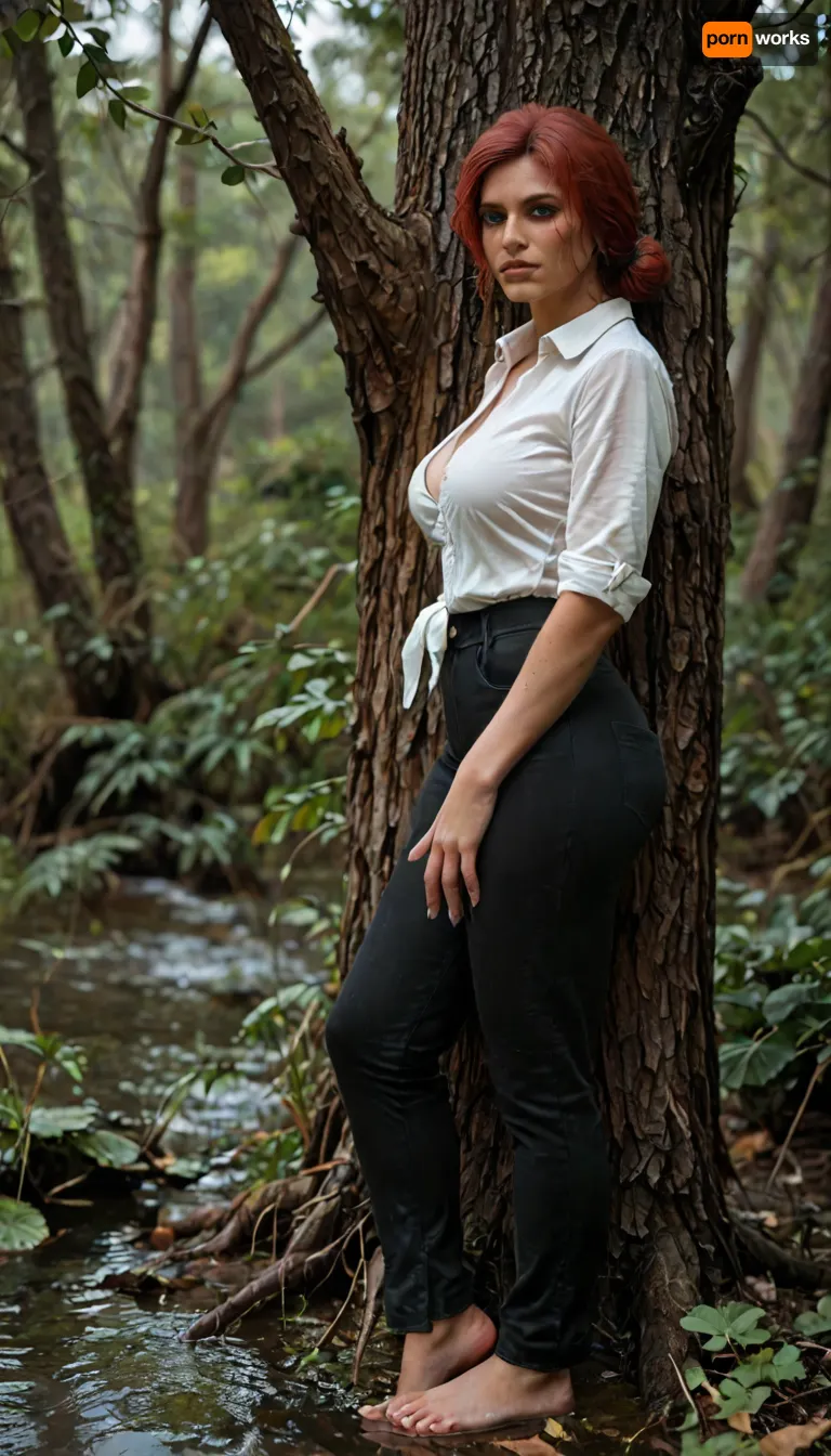 8k, score_9, score_8_up, score_7_up, Cinematic still the viewer looks down at a submissive girl, FILM PHOTOGRAPHY STYLE, cinematic photography of a woman, professional portrait photo realism, masterpiece, best quality, high resolution, hires, score_6_up, (Triss Merigold from the Witcher:1.4), incase, style, ratatatat74, solo, side view, close up, large breasts, black leather pants, wide hips, thick thighs, looking at viewer, detailed pupils, leaning against tree, detailed, misty, swamp, full body view, <lora:ratatatat74-000050:1.3>, <lora:detailed_notrigger:2>, <lora:add-detail-xl:.8>, <lora:LCMTurboMix_Euler_A_fix:.8>, <lora:style_lora_realis:.8>