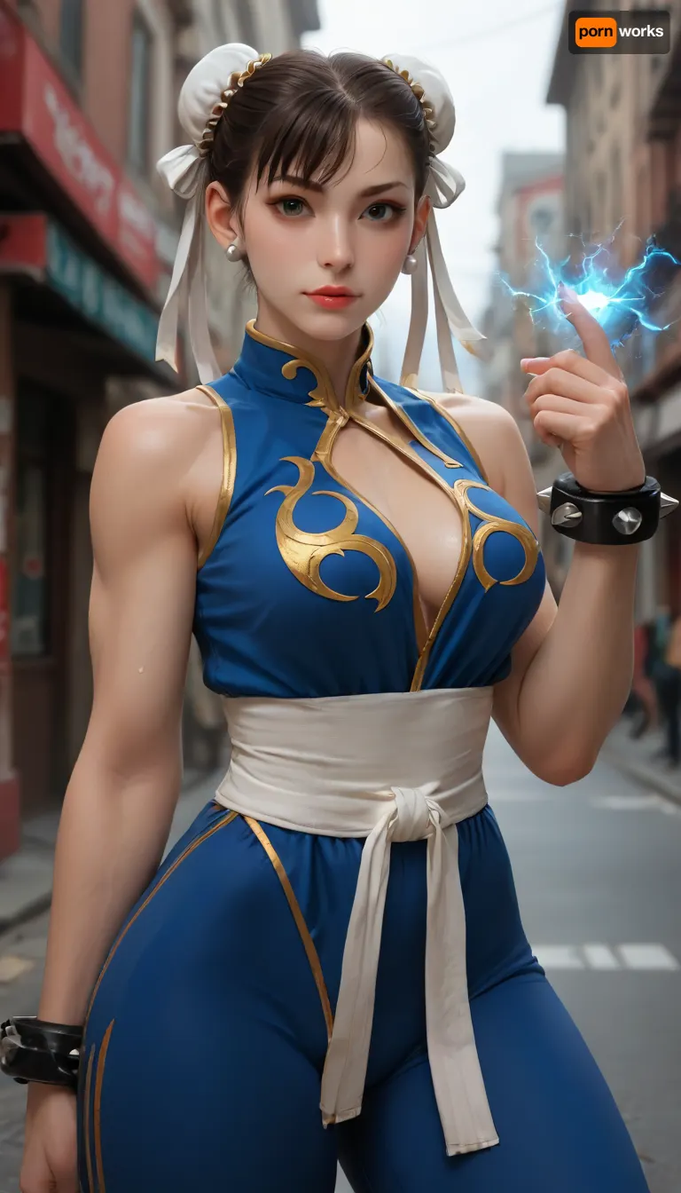 masterpiece, best quality, high resolution, hires, score_9, score_8_up, score_7_up, score_6_up, ((Chun_Li from Street Fighter)), incase, style, ratatatat74, solo, close up, medium breasts, (muscular body, thick thighs), sweat, eyes looking at viewer, detailed pupils, smirk, fighting pose, detailed, day, city street, <lora:ratatatat74-000050:1.3>