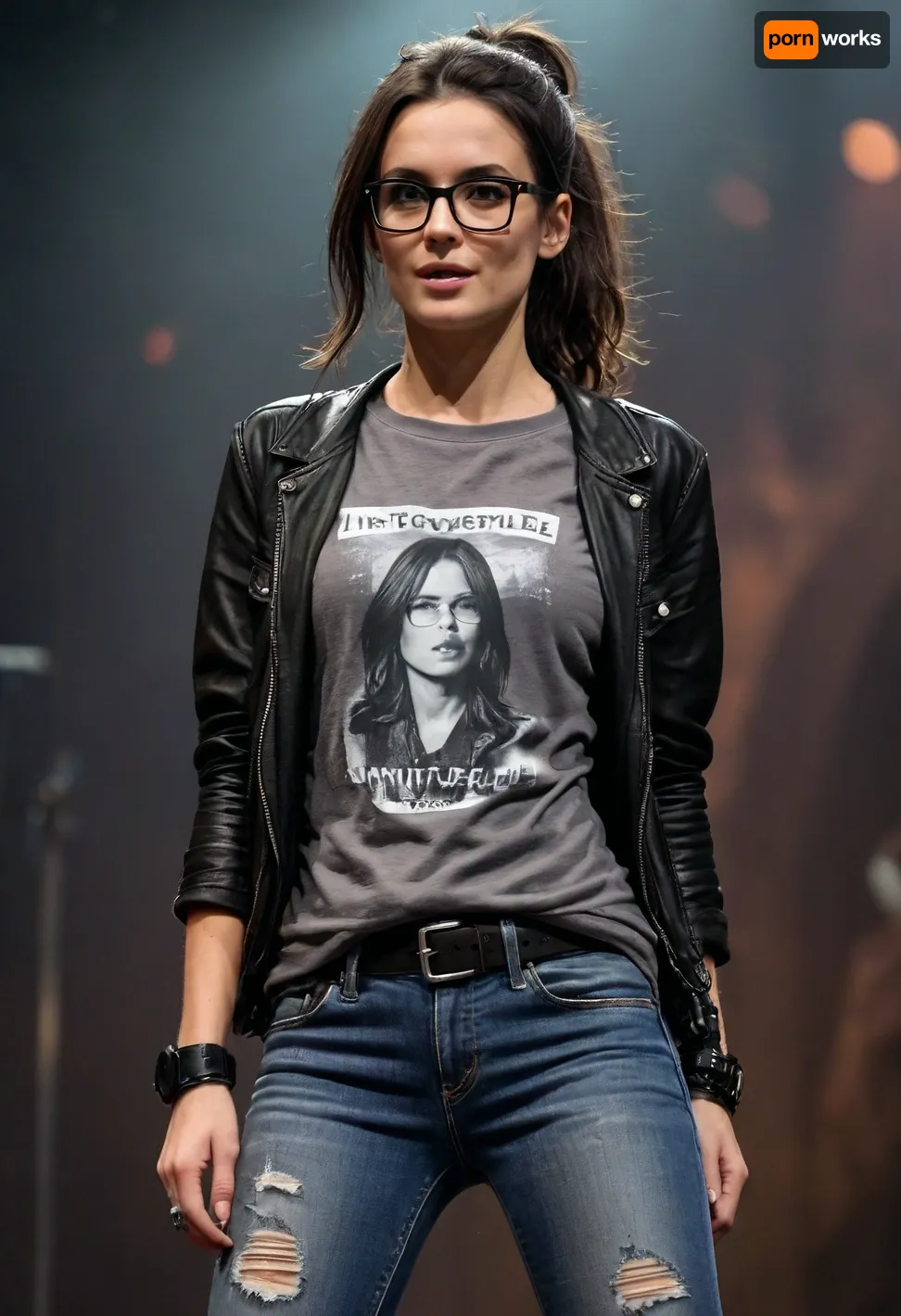 (masterpiece, best quality:1.2), 1 czech 35yo woman, musical singer, (she wears a baggy dark grey t-shirt with advertising print, jeans and open leather jacket:1.4), long raven black hair in a low ponytail, brown eyes, big glasses, sneakers, she is on a stage of a rock concert, photorealism, flat, chested, <lora:style_lora_realis:.5>, <lora:flat_chested_v3.5:.7>