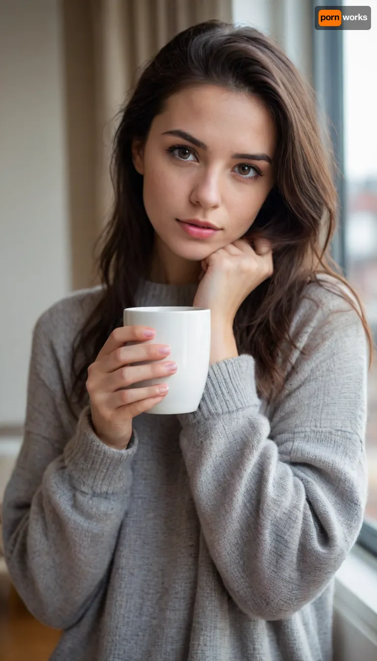 young brunette, petite slim build, in an oversized short gray sweater dress, cozy morning at home, soft window light, fresh no-makeup face, pensive gaze of dark grey eyes, slight shadows under eyes, natural pink lips, peach fuzz on face highlighted by light, messy black hair, holding a mug of coffee, pose of cozy solitude, quiet morning atmosphere, full body shot, intimate portrait, highly detailed, warm tones