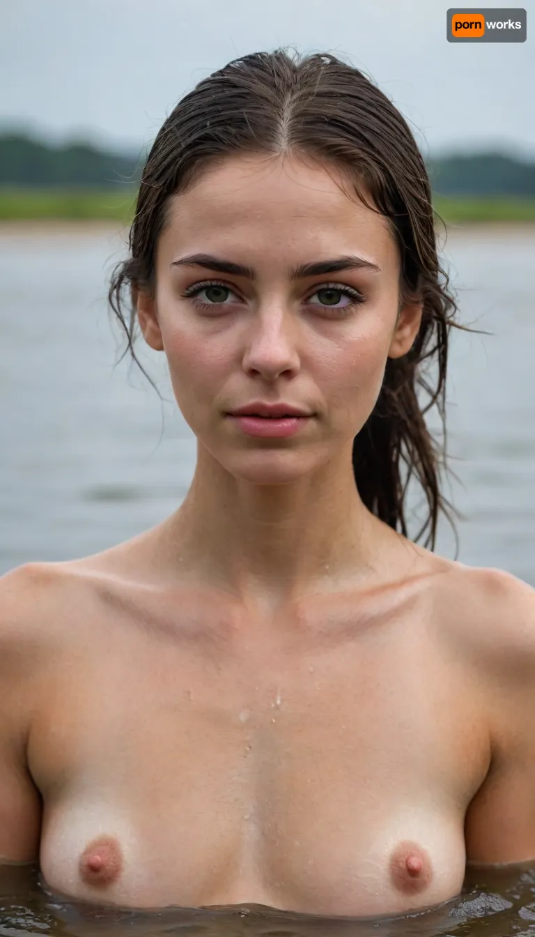 young brunette, athletic build, just emerged from water onto a deserted beach, evening light, wet glistening skin, flushed pink cheeks and ears, wide-open hazel, (green-brown), eyes, wet clumped eyelashes, straight thick eyebrows, water droplets on face and tip of nose, streams of water running down neck, wet black hair plastered to head, simple dark swimsuit, pose of exhausted bliss, catching breath after swimming, atmosphere of purification, full body shot, detailed texture of water on skin, highly detailed