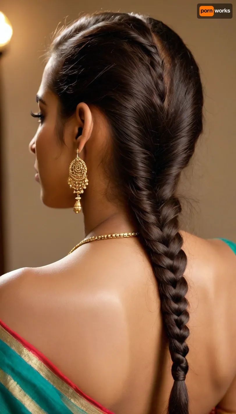 Extremely sexy face, South indian teacher in down blouse huge facing away showing her back, double braided, flash light on hear grown from her neck is making the skin look darker, elegant indian face, Ultra-realistic shot of the neck of a indian rural extremely brown women with dark neck, where her hair is divided in half and braided to the sides, delicate hair strands are visible along the nape of her neck and around the part in her hair. The lighting is soft and natural, enhancing the details of her skin and hair. The focus is on the intricate details of her neck and hair, creating a highly realistic, ((full body shot)), laser focused by canon mark 7d l lenses, world renounced photography, laser focused, <lora:set4:.8>