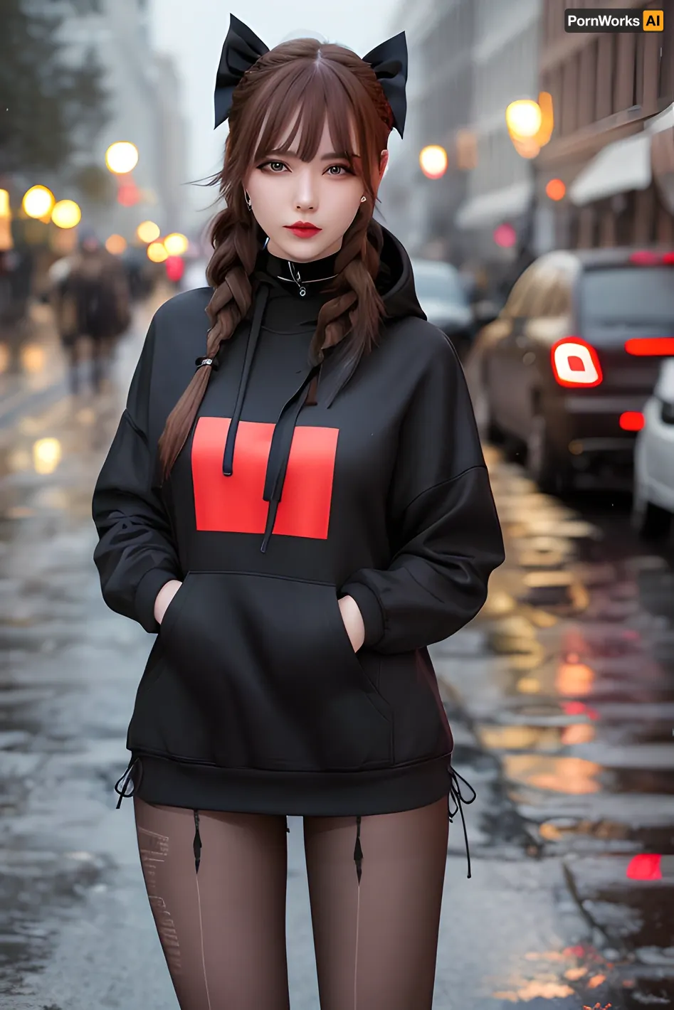 The young adult girl walked down the street, her perfect face hidden behind a hoodie. She wore a mini skirt and high-quality choker, but it was her masterpiece that caught the attention of everyone around her. Her torn pantyhose