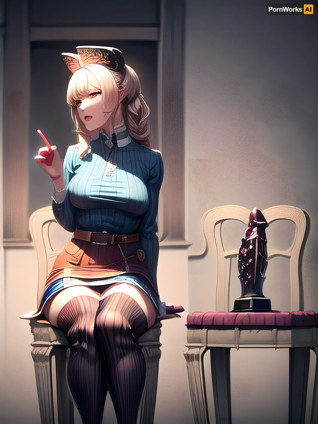 The girl sat on the dildo, her perfect illumination illuminating the room. She lifted her skirt to reveal a large audience, many people watching as she pleasured herself with a huge dildo. The dildo was enormous, stretching wide around her