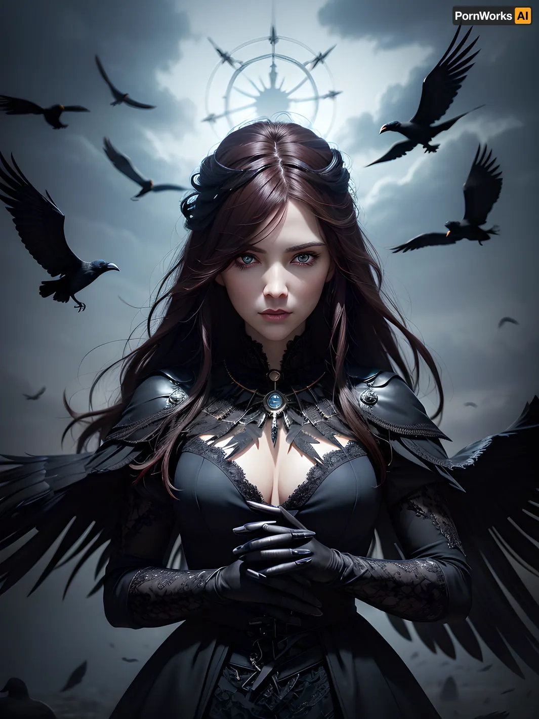 Hyperrealistic portrait of a beautiful girl, Slavic appearance, long red hair, symmetrical blue eyes, plump lips, big eyes, crow queen, ((strong wind, storm)), dress made of crow feathers on the naked body, gloves above the elbow, dreamcatcher on the neck, hands on hips, slim body, e body, 150 mm, beautiful studio soft light, rim light, vibrant details, gorgeous face, hyperrealistic, anatomical, elegant, beautiful background, DSLR, 8K, high quality, analog style, professional, detailed hair texture, detailed skin texture, detailed pores, best quality, highest quality, cinematic lighting, (volumetric lighting), extremely detailed CG unity 8k wallpaper, focused, 8k wallpaper, 4k wallpaper, extremely detailed, ultra realistic, photorealistic, sharp focus, absurdres, (HDR:1.2), (high contrast), photograph, detailed and intricate, highly detailed, crowmancer, crow, bird, <lora:Concept - Crowmancer:.5>, HyperSmoke, dark, background, black, backlit, theme, <lora:lowkey_v1.1:.5>