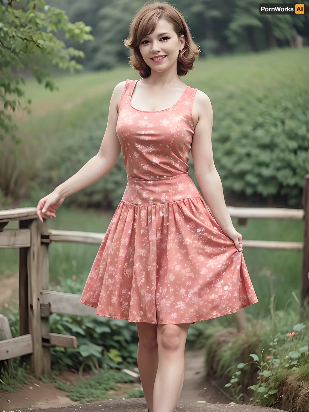 A stunning 1980s pinup model in a Soviet pinup dress and high heels is the focus of this beautiful photo, taken in Moscow's park. The woman's smile is full of life, and her outfit is a carefully curated masterpiece