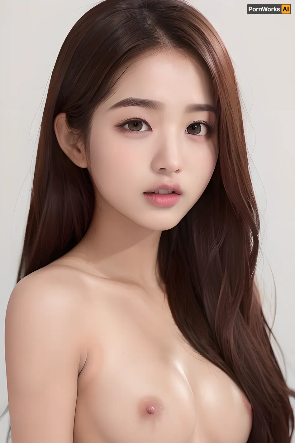 Jang Wonyoung, uma jovem, posa para uma sessão de fotos com seu namorado gerado pela AI. Ela usa um vestido vermelho sexy e saltos altos, e seu cabelo é decorado em bun bagunça. A câmera captura todos os detalhes de sua textura perfeita da pele