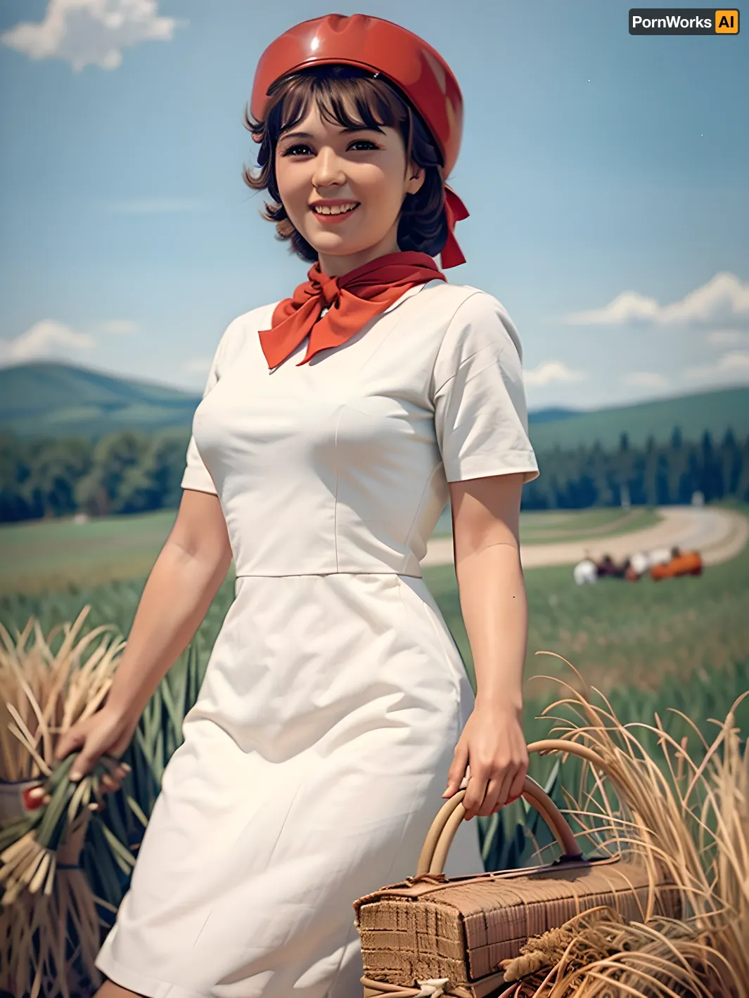 A Soviet woman with a straight cut bangs and an ultra-detailed smile, wearing a beautiful dress in the Soviet style, is posing for a photo in the field. The background is full of flowers and greenery, and there are clouds in