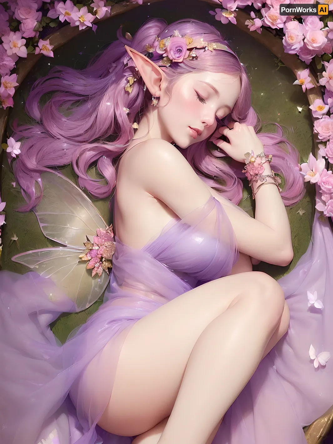 woman, (imagine a very close-up portrait of a gorgeously beautiful female elf with an alluring temperament and an innocent facial expression focusing on her upper half of the body from the side:1.5), (she is laying down defenseless in a fetal position covered with flower petals in the middle of a forest:1.5), (her skin is porcelain white smooth without blemishes and imperfections), (she is taking a nap:2), (she had a large pair of noticeable shimmering and translucent fairy wings that grown from her back:1.5), (her hair is floor-length and curly:1.5), (her body is slender yet graceful like the nature that the beauty she represent), (she posed with elegance), (she wear a see through royal dress that adorned with beautiful and sparkling gems and flowers with pink color:1.5), (she gives an overwhelming sense of enchantment and arousal), (the background is a mystical forest with a pink-rose hued foliage where all flora is pink colored:1.2), (the background feature a lake with crystal-clear water that mirror the surrounding), (the background feature a beautiful and mystical waterfall), (the surrounding is very dark and dim poorly lit with fireflies and butterflies:1.4), (the background is foggy and filled with mists that add a mysterious feeling to the image:1.5), (the lighting of the image is perfect with rays of light shone down from above:1.4), (the photo is taken candidly while she is looking away from the camera from the side:1.5), (the photo background is night time:2), (masterpiece), (the image is trichromatic with pink and purple and white color:2), (the image is drawn in the renaissance era painting style:1.5), (created by Artistart)