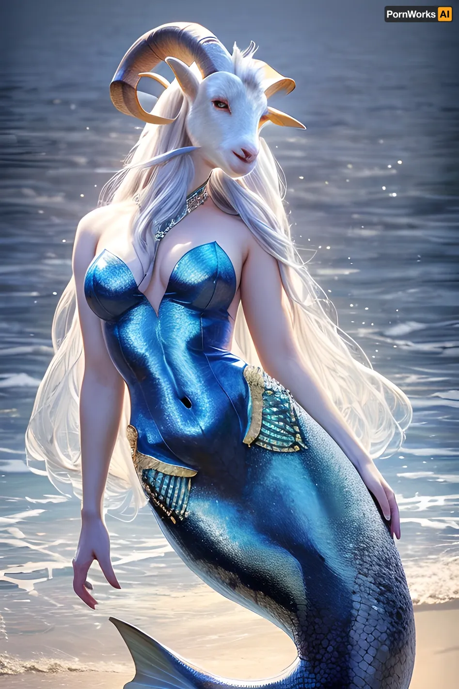 In the deep blue sea, a mermaid with a goat tail stands in the sea. She is naked and covered in shimmering gold scales. Her hair is long and flowing, and her eyes are like stars. She leans against the sea