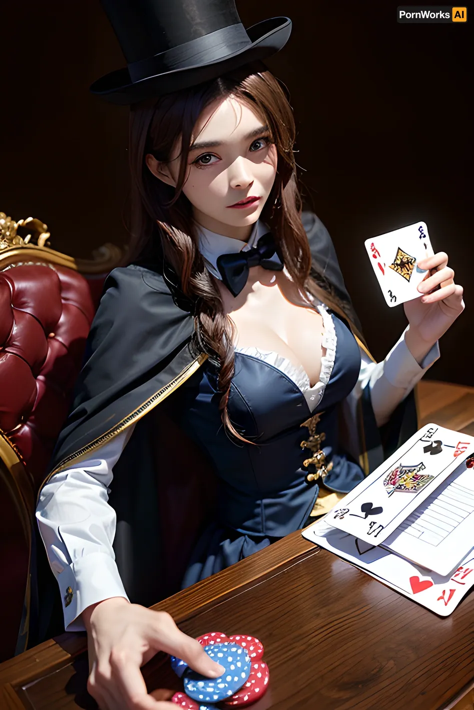 The woman stage magician was wearing a top hat and cape, with a rabbit in her cleavage. She was performing a magic trick where she would make the rabbit disappear and reappear in her cleavage. The audience was amazed by her skills and applaud