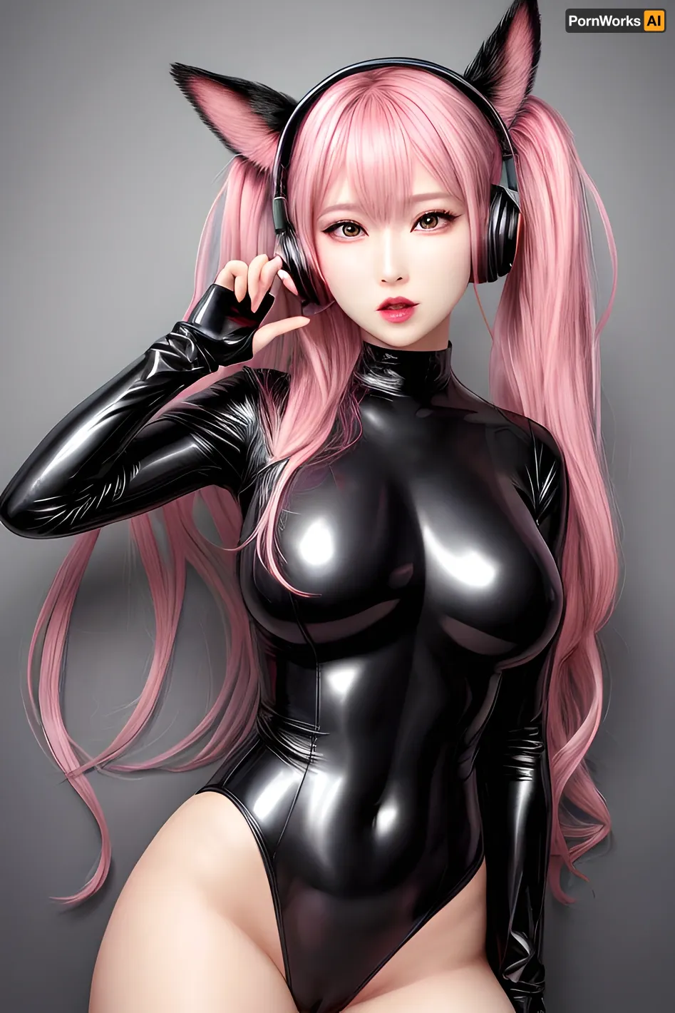 The AI generated porn picture features a Kpop idol with a high res 8k resolution, wearing an ultra high res detailed facial feature, with large breasts and looking at the viewer. She has gun in her hand and is looking at the viewer