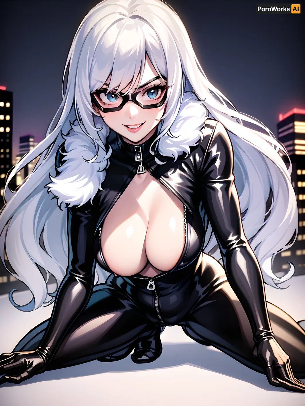 Felicia Hardy, the seductive AI model, was captured in a scintillating photo with her intricate detail and feline features. She wore a black zip-up bodysuit with white fur crawling on the front view picture of her in