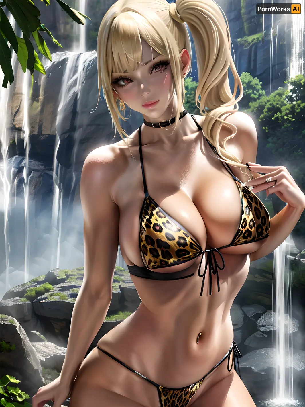 Amakawa Kanade, a skilled AI artist, has created an 8k picture of a leopard print bikini-clad gyaru with high quality and intricate details. The model is facing the viewer with closed eyes and an intense expression, showc