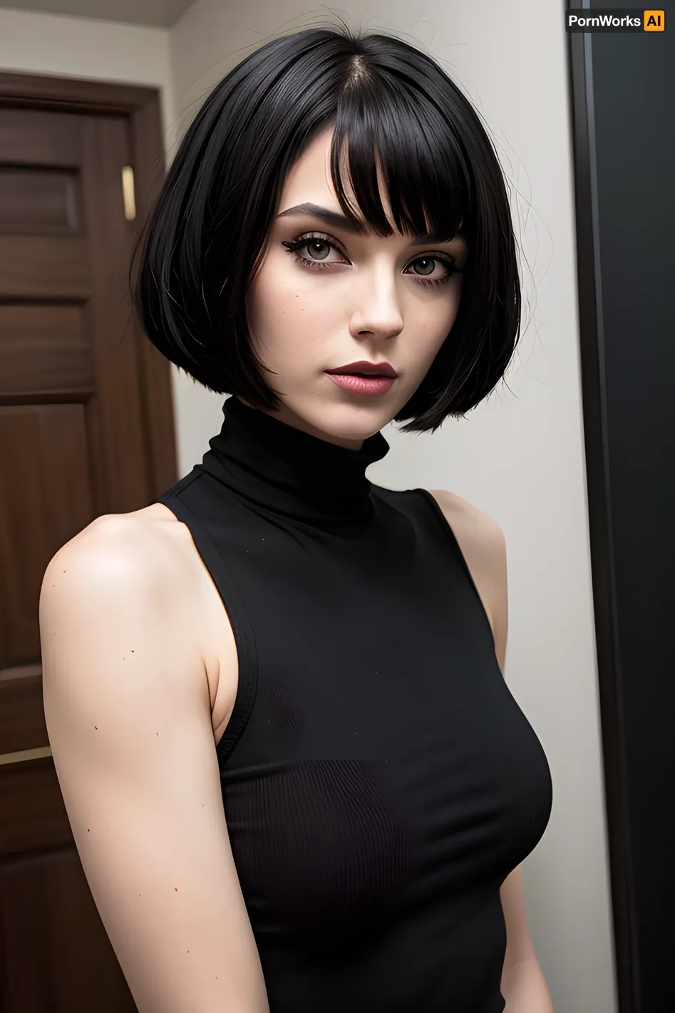 A cute tall goth girl with black bob haircut and green eyes sat at her desk, typing away on her laptop. She was in the middle of writing a new story about an AI character that could generate pornographic images based on user input