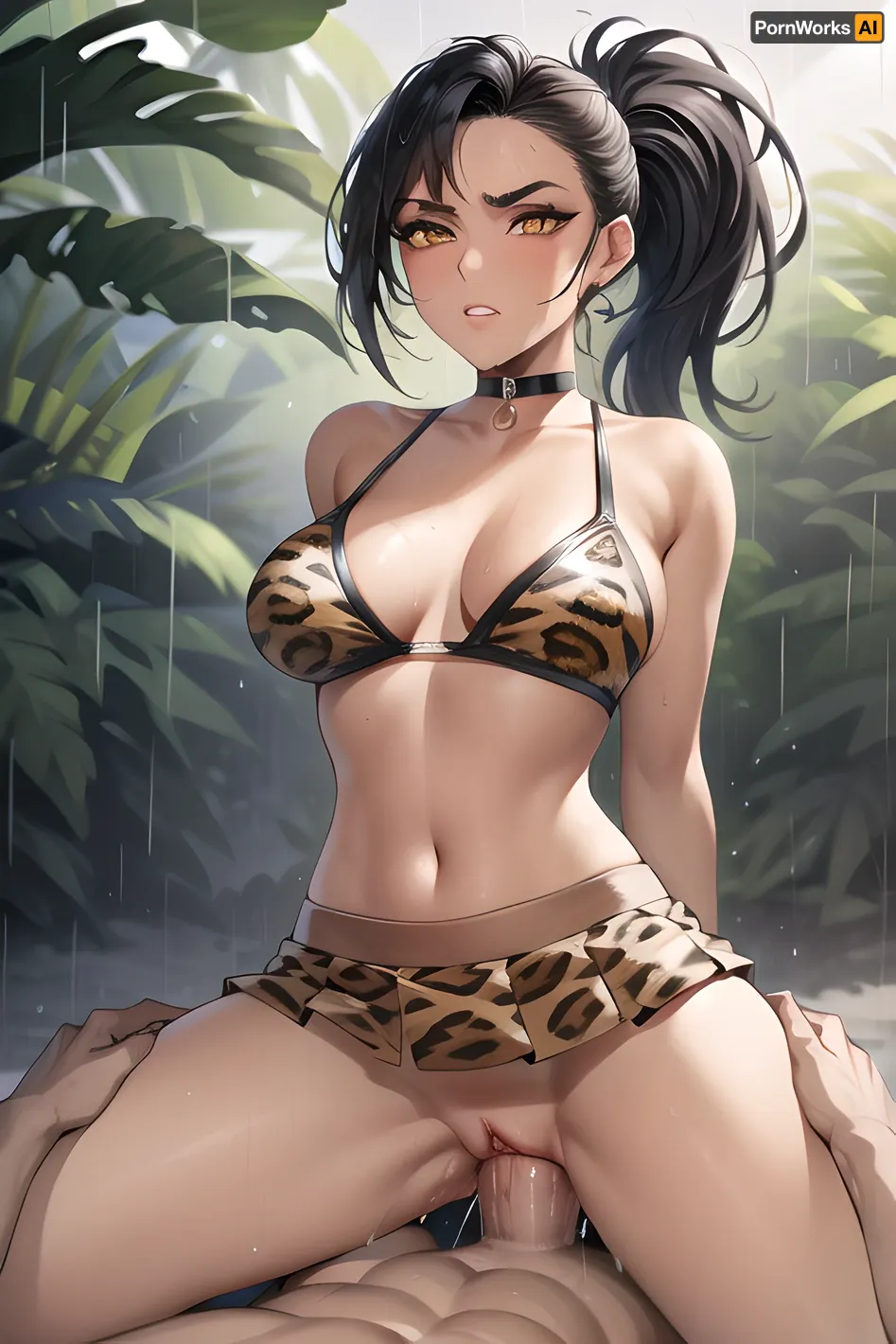 The AI generated porn picture of the best quality with high resolution and ultra detailed body features is a masterpiece. It features a tall, slender, and tanned woman with big boobs, copper orange eyes, high cheekbones, and a round eye shape