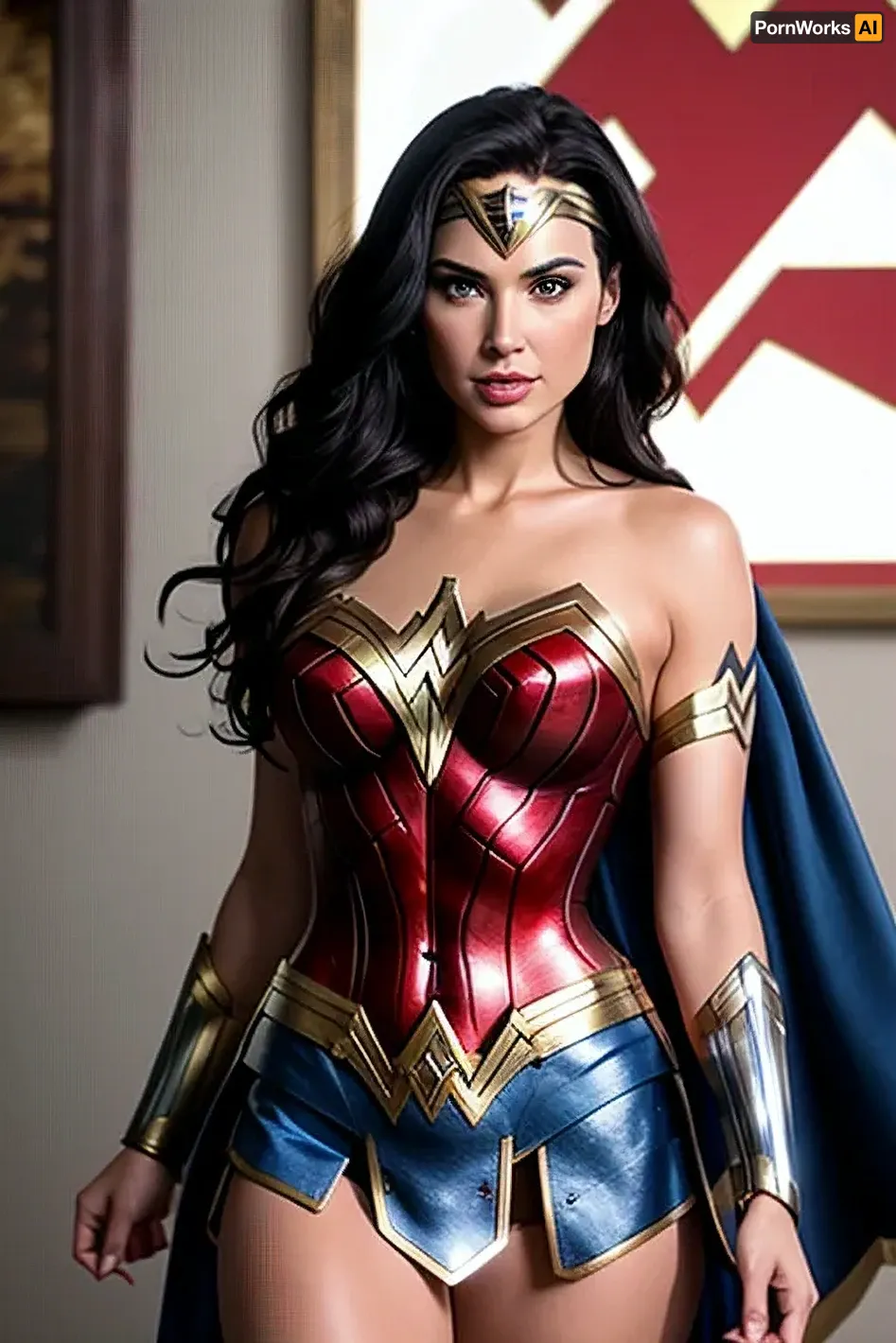 Emily, a woman with big tits and superhero wonder woman's super hair, uses AI to create a picture of herself with big tits and wonder woman's super hair