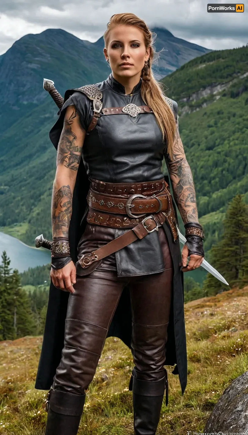 A stunning Scandinavian woman with long blonde hair and a cascade of dark smooth cloud necklace, stood on a stone in the foreground of a picture, wearing asymmetric hair and an asymmetric dress. The sky above was cloudy and gray, adding to the overall