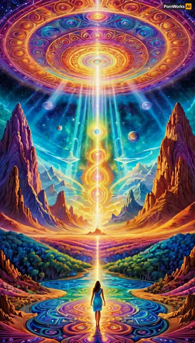 In this mesmerizing realm, you encounter beings unlike anything you've ever seen before. They shimmer and swirl with every breath, their forms fluid and ever-changing. Geometric patterns stretch and fold in on themselves, creating a kaleidos