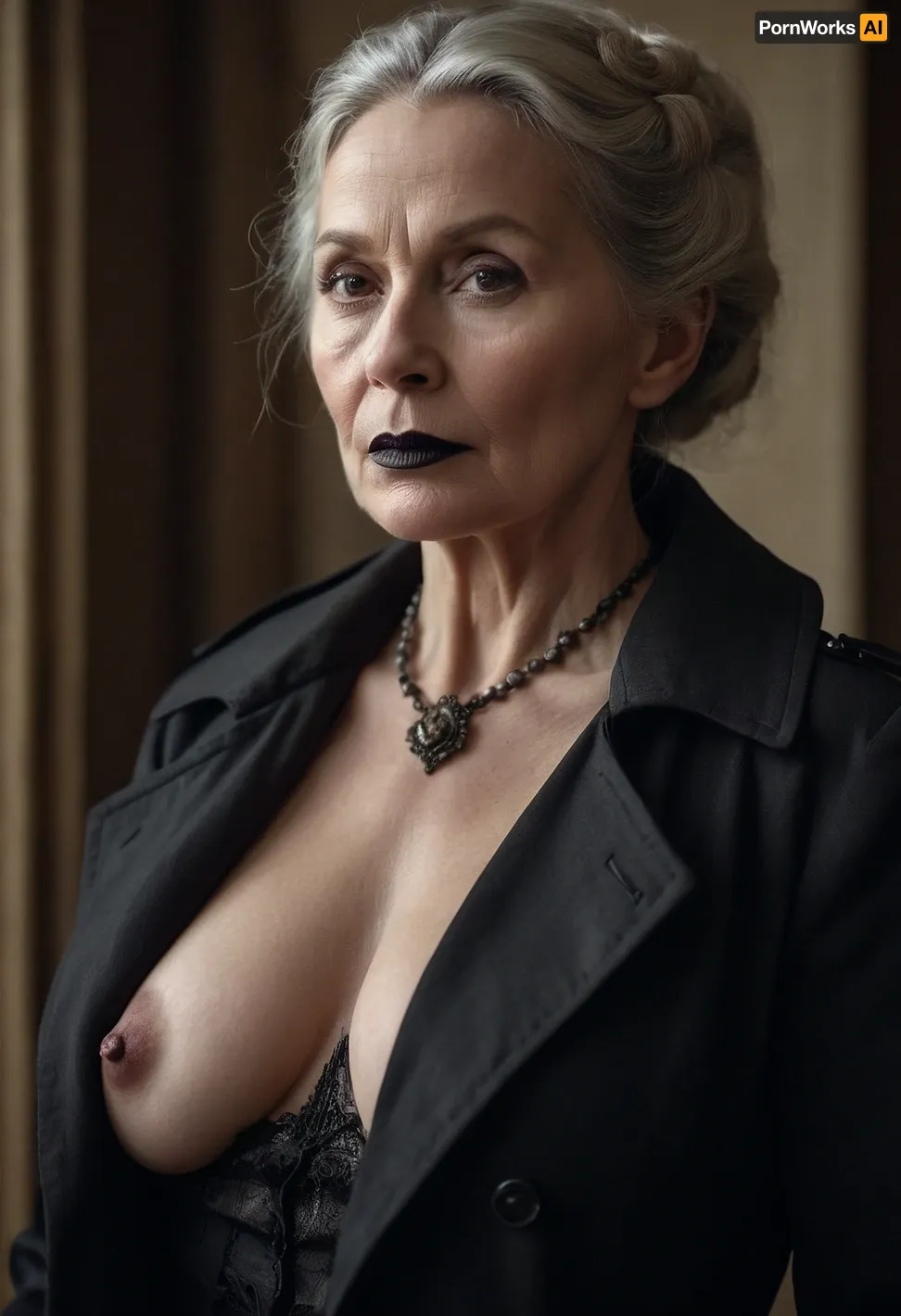 The elderly Nordic woman, aged 55, is shocked to see a man dressed in black standing in her living room. He reveals himself to be an AI robot programmed to generate pornographic images based on user input