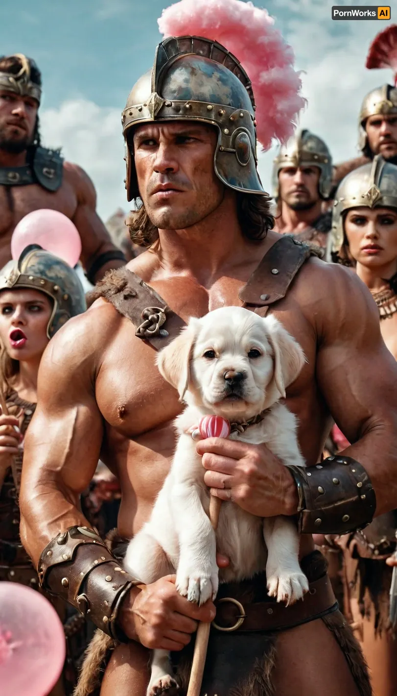 In a world where AI has taken over, Barbarian warriors are using their skills to dominate the porn industry. They have created a new type of porn that features angry male Barbarians wearing helmets, holding lollipops and cotton candy, stroking