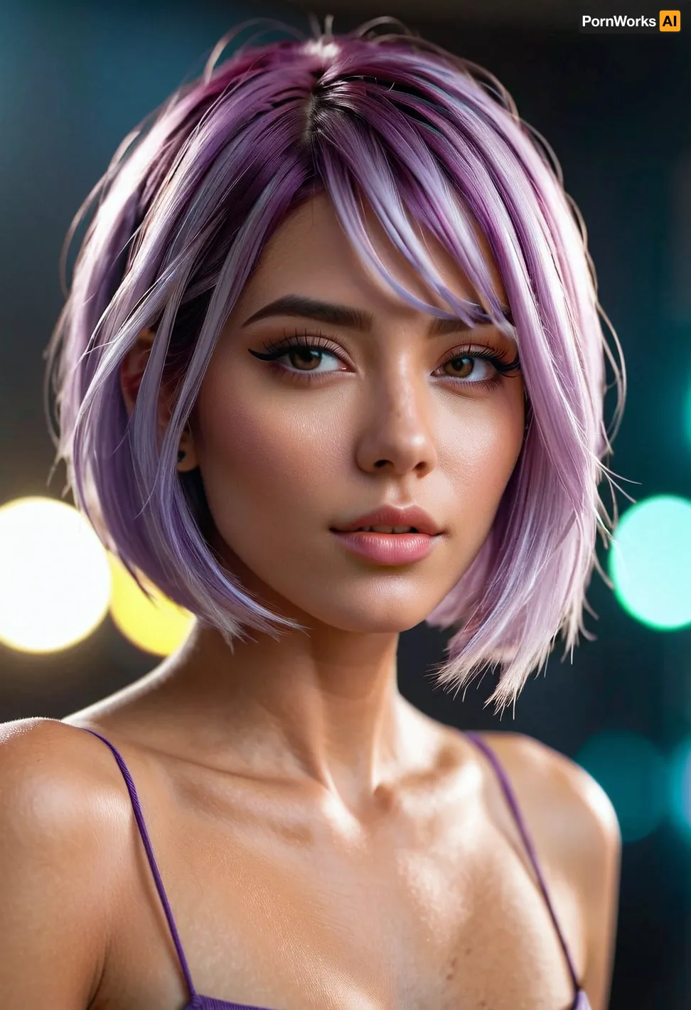 A cyber-girl with a Bob cut purple hair and ultra-realistic style, wearing a white bg, is generating an AI photorealistic picture with fine luster. The concept art is highly detailed and sharp focus. The text mockup blind