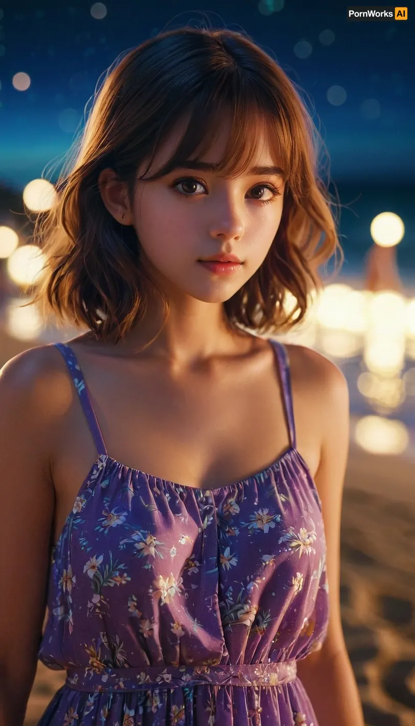 A girl wearing a sundress on a beach at night, looking at the viewer with a bright and vibrant anime style. The key visual is highly detailed and vivid, showcasing the beauty of the AI-generated pornographic content