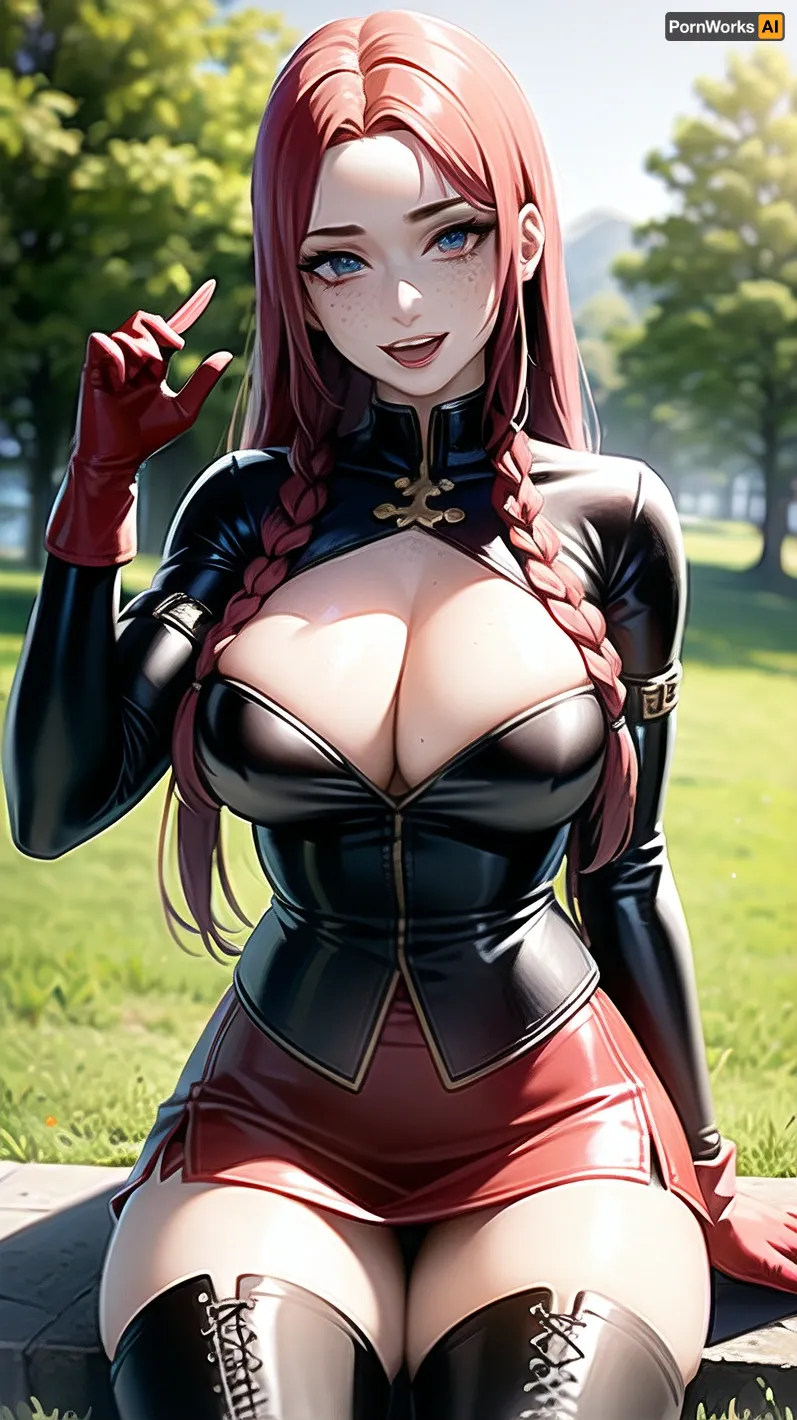 A stunning Nordic bronze age druid priestess wearing a red dress with sleeves and high collar, sitting on a tree stump with her legs open, revealing her perfect cleavage. The image is 8K resolution and has been generated using AI technology