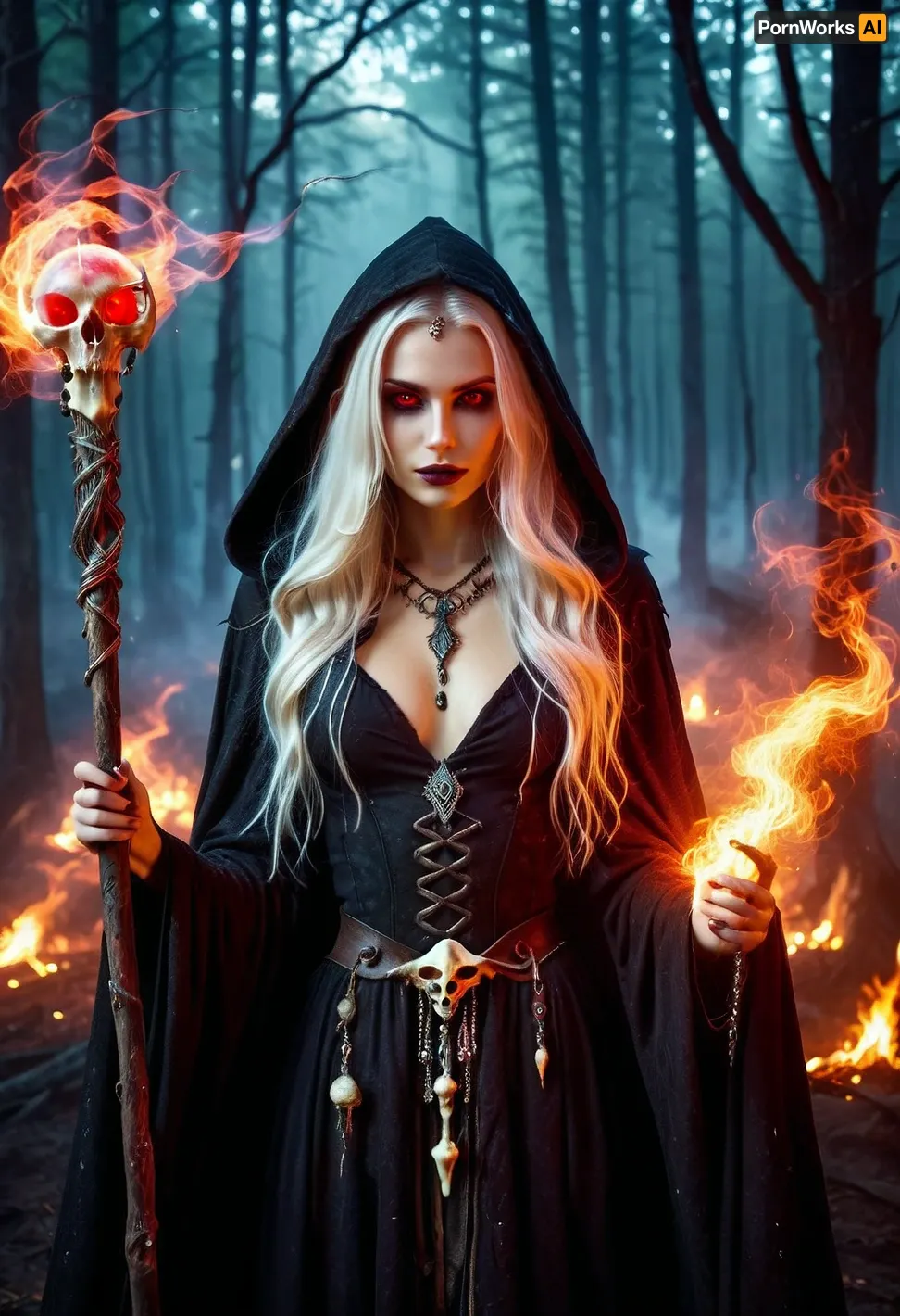 A young witch girl summons a demon in her dimly lit room, surrounded by books and grimoires. The air is thick with the scent of magic as she chants ancient words, summoning a demon to fulfill her dark desires