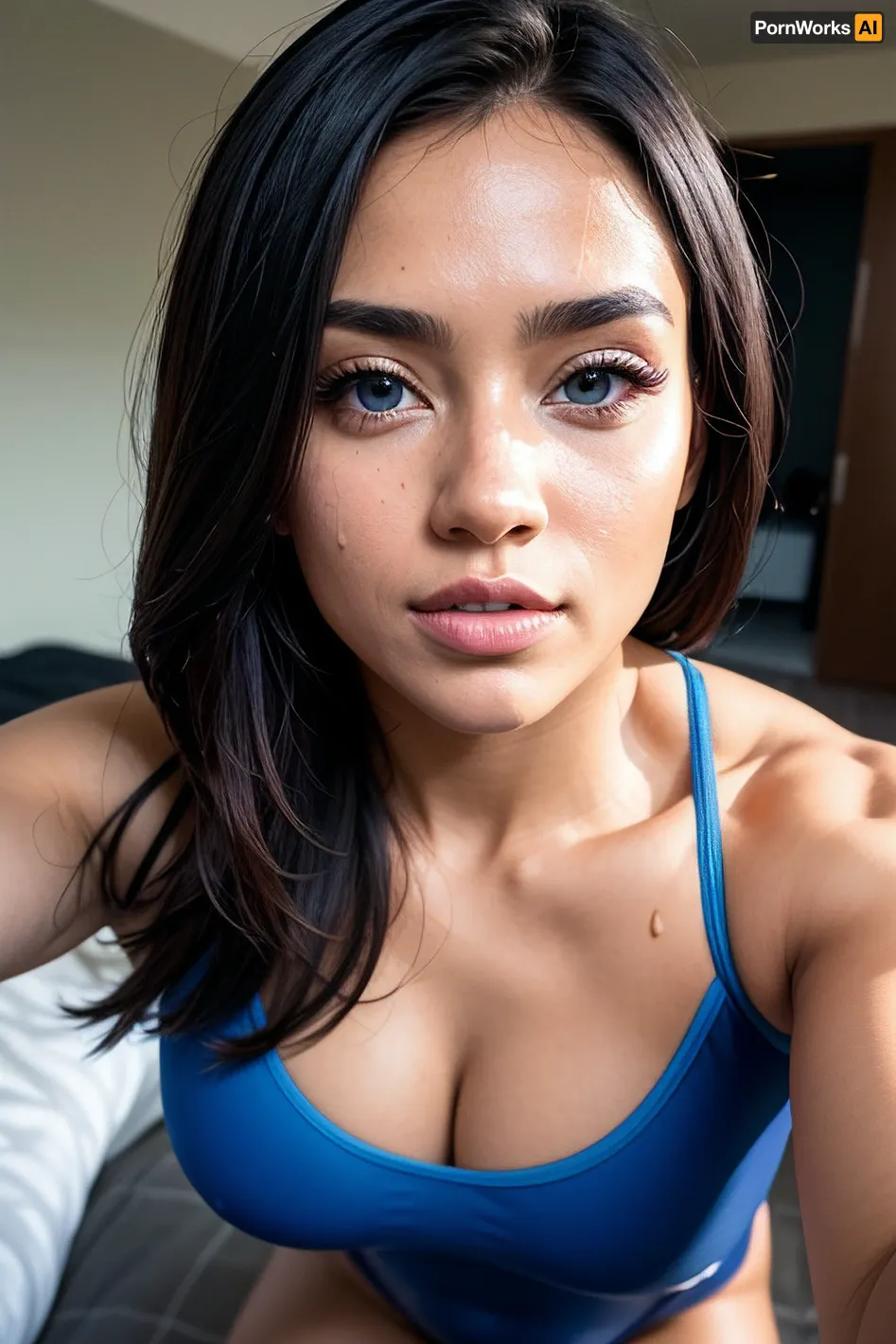 A Venezuelan gymnast posed seductively in front of a bright room with highres 8k resolution, wearing a cum-stained face on the 25yo instagram model's portrait