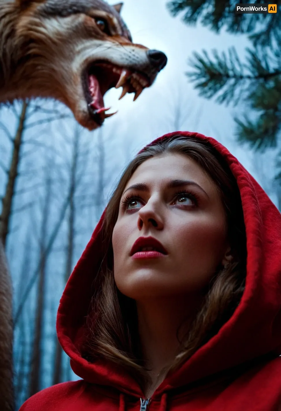 A woman in a red hoodie finds herself surrounded by wolves, but she is saved by a powerful gust of wind that knocks the wolf off his feet. She knows she has to fight back and runs for her life, but suddenly a deep voice