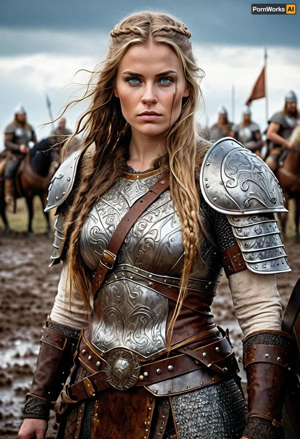 A professional photographer captures the intricate details of a woman wearing viking armor in a high-quality, ultra-detailed photo. The photo showcases the woman's skin and mud on her face, making it easy for viewers to appreciate every detail on