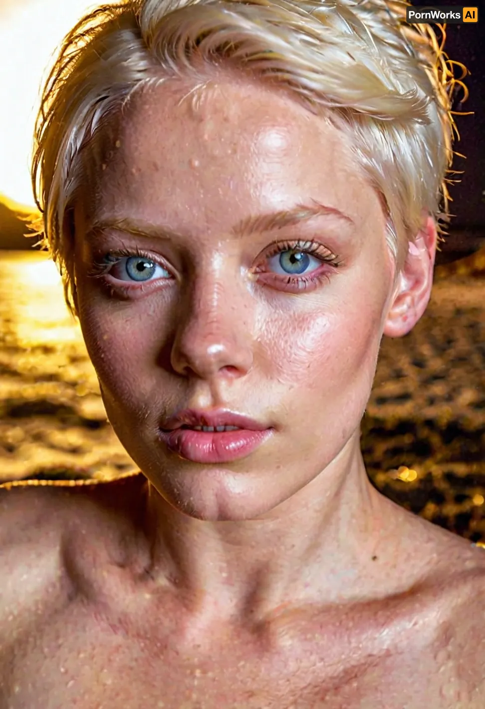 The albino nude girl with her smooth skin and big eyes is a masterpiece of photography, captured by an ultra-realistic AI model that can generate high-quality images from any source