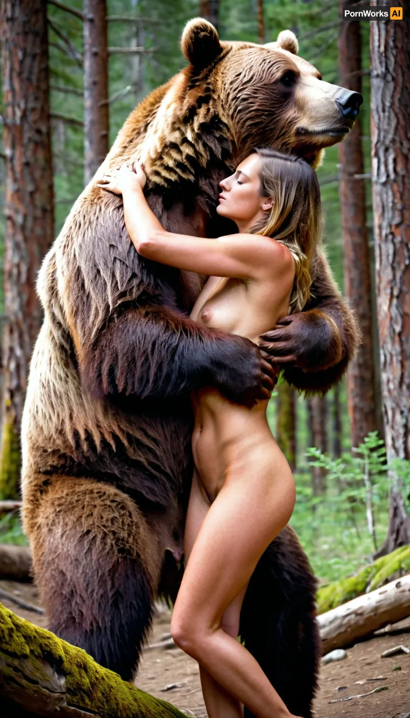 In the forest, a grizzly bear fucks a young adult girl with its massive dick. The woman looks back at the bear, and they share a passionate moment before continuing their lovemaking