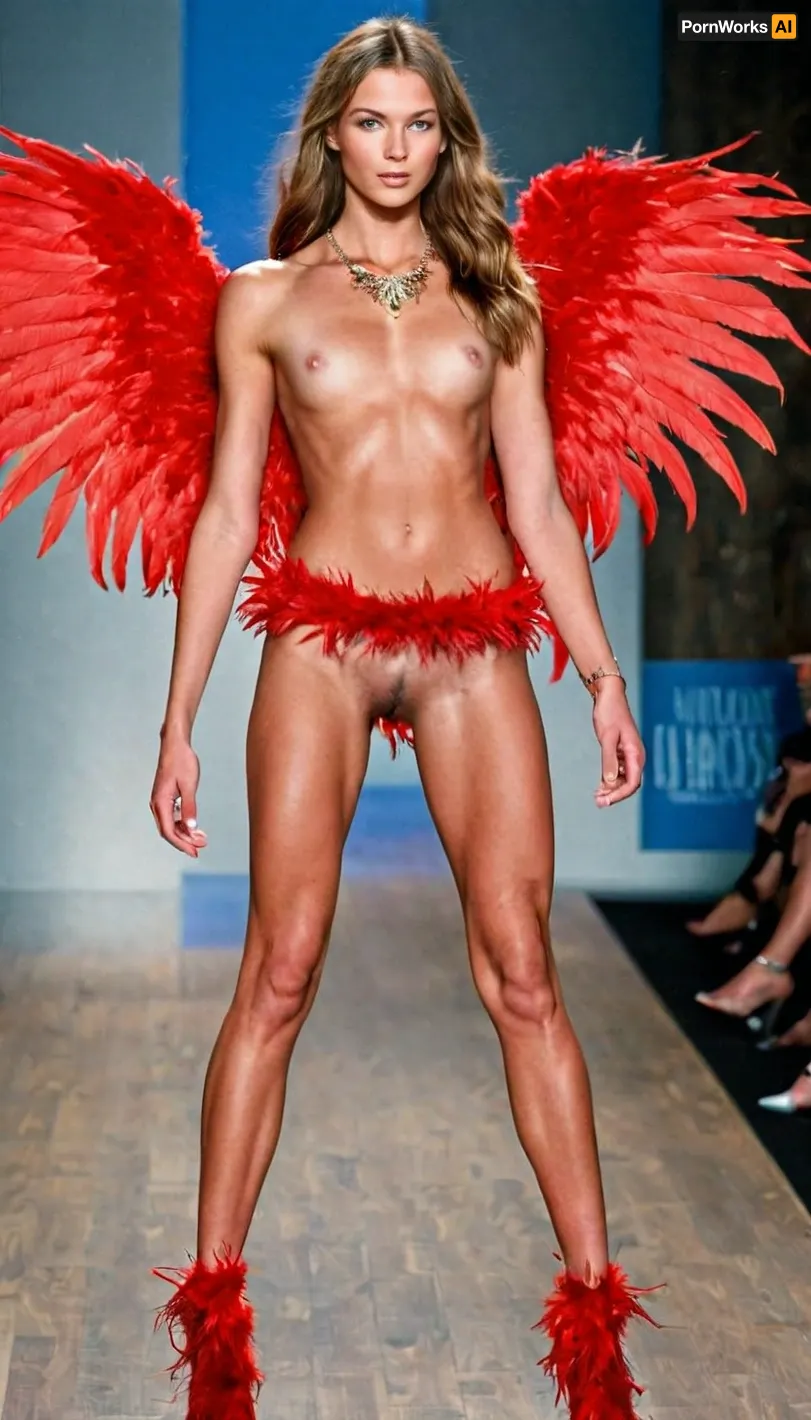 A stunning 20-year-old girl with long red hair and natural breasts in a Victoria's Secret Wings outfit, captured by a Nikon Z7 II Camera