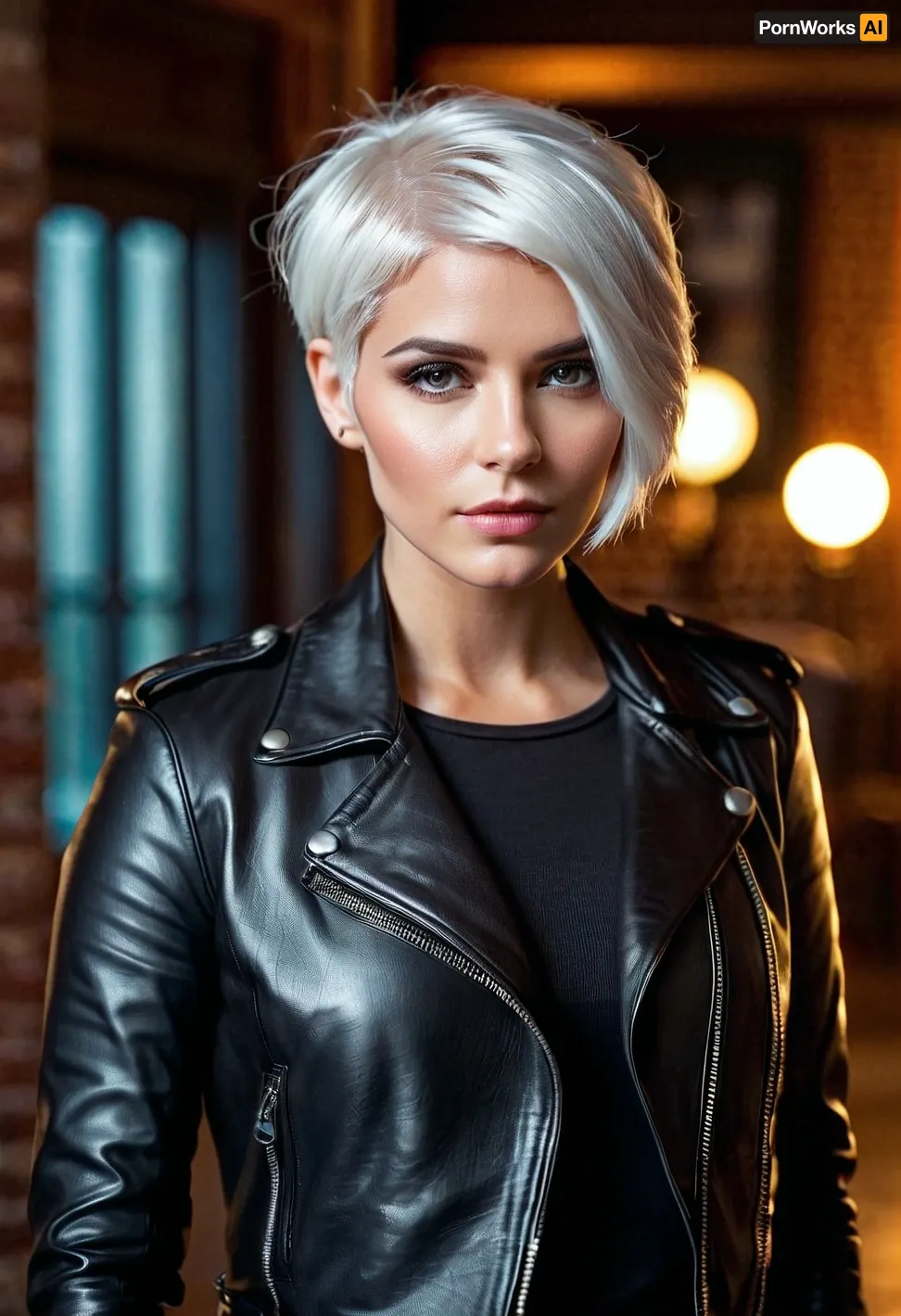 The girl with short white hair and bright makeup stood in front of a mirror admiring her leather leggings and leather jacket. She couldn't help but feel excited as she grabbed her leather jacket and headed out the door to go on an adventure