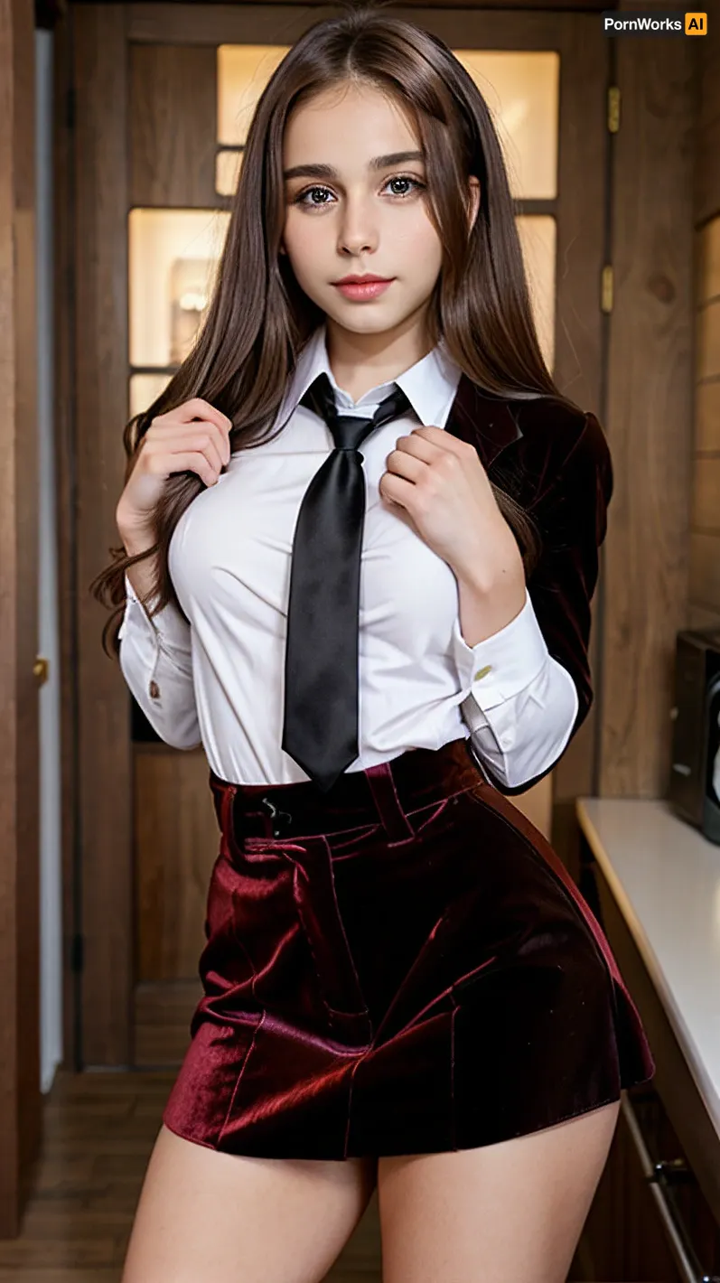 The girl with the big breasts and big ass was wearing a school uniform with five fingers on her hand and high detail on her face. Her perfect skin was visible through the thin fabric of her uniform, making her body seem perfect in every detail