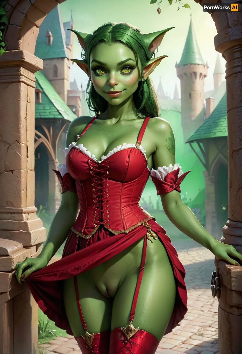 A young goblin girl with Victorian dress and pointy ears walked through the dark alleys of the city, her smooth skin glistening in the moonlight. She stopped at a corner and lifted up her dress to reveal her smooth pussy, which
