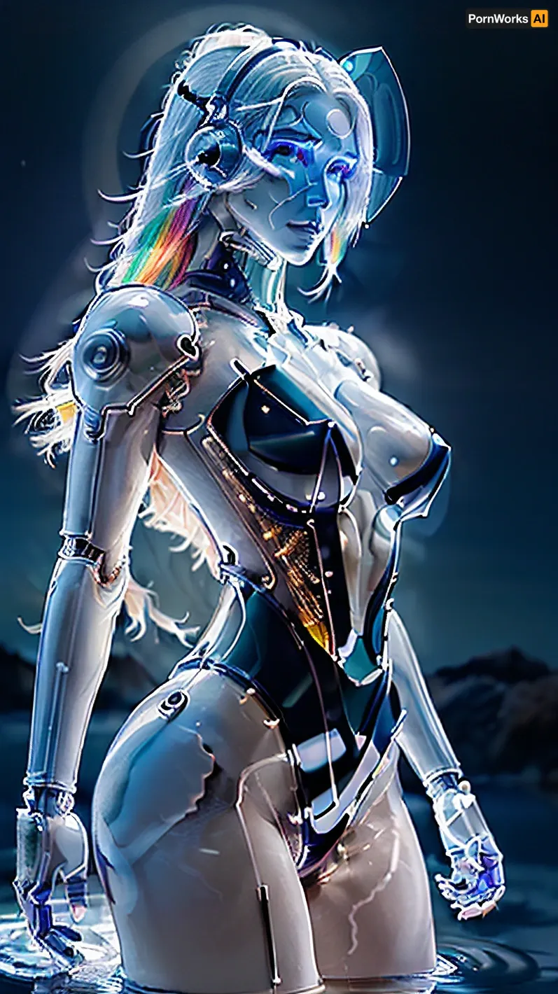 A detailed and ultra-detailed 8k cg wallpaper with the theme of mecha is presented, featuring a man with highlegs, cowyoung adult man shot, wearing a mecha corset, full armor, very long hair between eyes