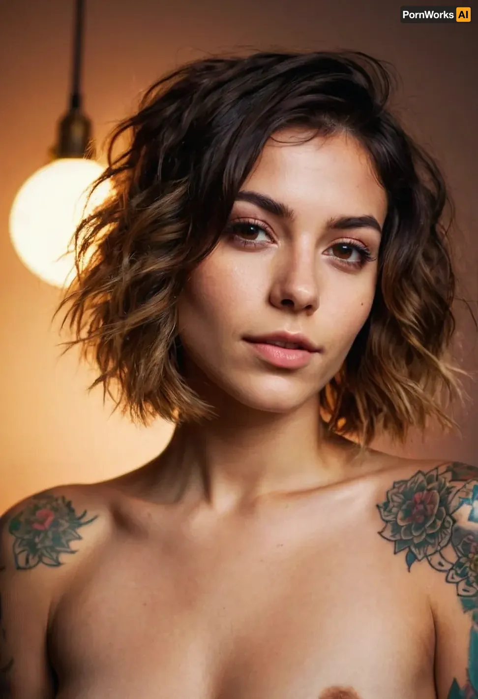 A Swedish-Iranian woman, 20yo, with messy shaggy Bob haircut and happy excited cinematic lighting in the room, posed for a new AI-generated nude picture with colorful tattoos all over her body and was wearing colorful tattoo
